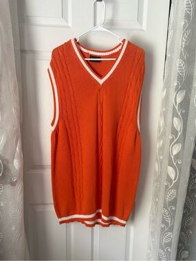 Pantera Orange V-Neck Cable Knit Sweater Vest White Trim 100% cotton men size L